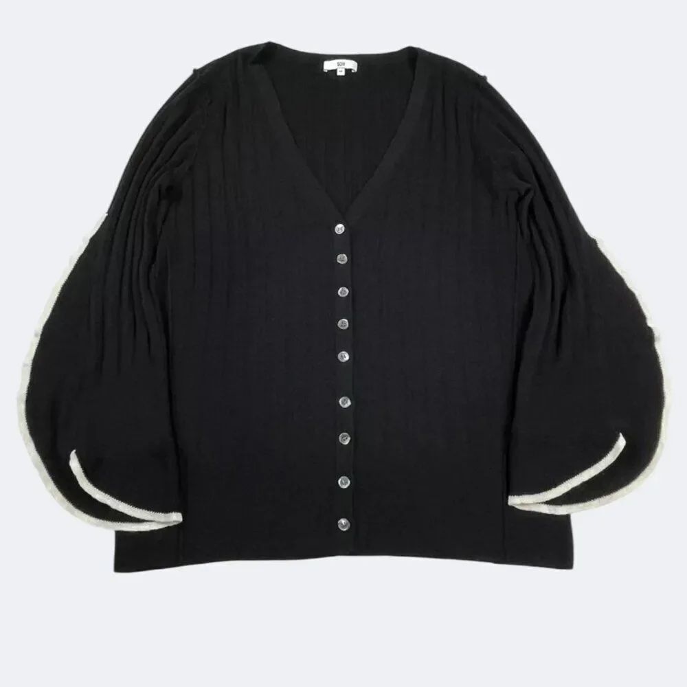 SOH Cashmere Wool Cardigan Black Ivory Flared Sleeve Button Soft Sweater MEDIUM